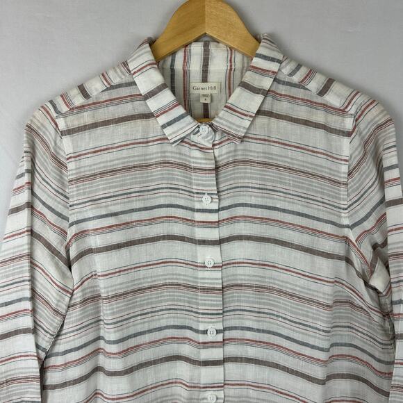 Garnet Hill Easy Linen Tunic Striped Button Up Top Long Sleeve Women's Size S - Picture 2 of 9